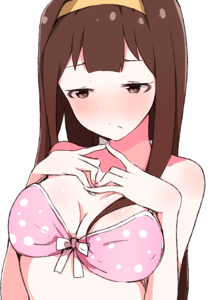 1girl bangs bare_arms bare_shoulders blush bow bow_bra bra breasts brown_eyes brown_hair cleavage closed_mouth collarbone enelis hairband hands_up idolmaster idolmaster_million_live! idolmaster_million_live!_theater_days long_hair medium_breasts nose_blush pink_bra polka_dot polka_dot_bra solo tanaka_kotoha underwear underwear_only very_long_hair yellow_hairband