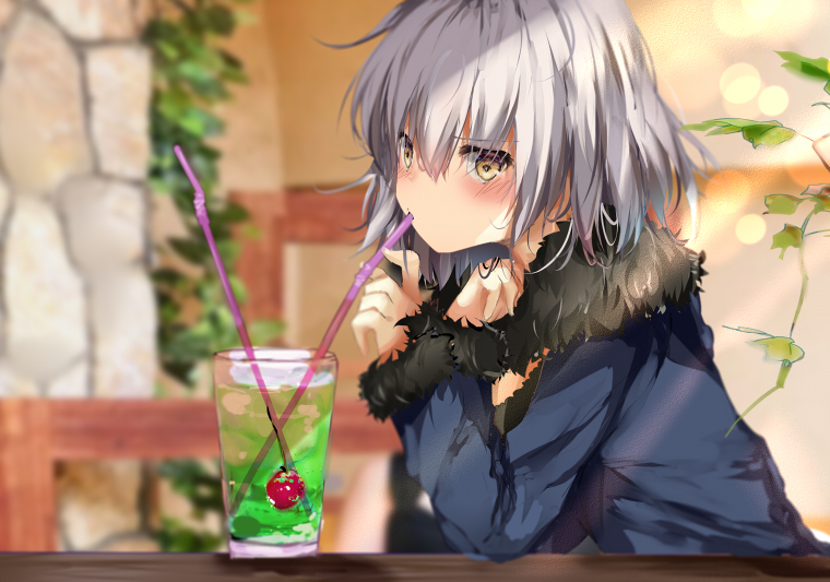 1girl bangs bendy_straw blue_jacket blurry blurry_background blush brown_eyes closed_mouth commentary_request cup depth_of_field drink drinking_glass drinking_straw eyebrows_visible_through_hair fate/grand_order fate_(series) fur-trimmed_jacket fur-trimmed_sleeves fur_trim hair_between_eyes hand_up indoors jacket jeanne_d'arc_(alter)_(fate) jeanne_d'arc_(fate)_(all) long_sleeves looking_at_viewer pon_(ponidrop) silver_hair sleeves_past_wrists solo wicked_dragon_witch_ver._shinjuku_1999