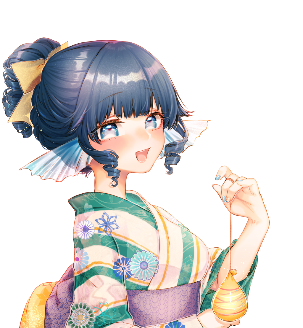 1girl :d alternate_costume alternate_hairstyle bag bangs blue_eyes blue_hair blue_nails blush breasts commentary_request drill_locks eyebrows_visible_through_hair floral_print green_kimono hand_up head_fins holding holding_bag japanese_clothes kimono looking_at_viewer medium_breasts mokokiyo_(asaddr) nail_polish obi open_mouth ponytail purple_sash sash short_hair short_ponytail simple_background smile solo string striped striped_kimono touhou unmoving_pattern upper_body wakasagihime white_background white_kimono yukata