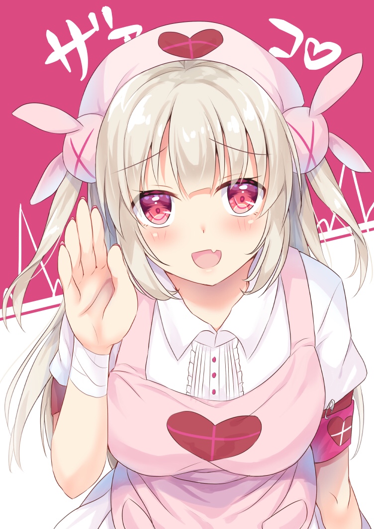 &gt;_&lt; 1girl :d apron bandage bandaged_arm bandages bangs blush bunny_hair_ornament collared_shirt commentary_request eyebrows_visible_through_hair fang fingernails hair_ornament hand_up hat head_tilt heart light_brown_hair long_hair looking_at_viewer nagare_yoshimi natori_sana nurse_cap open_mouth pink_apron pink_hat pleated_skirt puffy_short_sleeves puffy_sleeves red_eyes sana_channel shirt short_sleeves skirt smile solo two_side_up very_long_hair virtual_youtuber white_shirt white_skirt