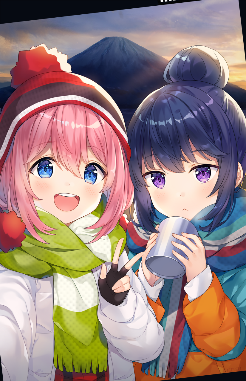 2girls :&lt; :d artist_name bangs beanie blue_eyes blue_hair blush cup eyebrows_visible_through_hair green_scarf hair_between_eyes hair_bun happy hat highres hitsukuya jacket kagamihara_nadeshiko long_hair mount_fuji mountain multicolored multicolored_stripes multiple_girls open_clothes open_jacket open_mouth orange_jacket pink_hair plaid pom_pom_(clothes) reaching_out red_hat scarf self_shot shima_rin sidelocks smile striped striped_scarf sunrise teeth v violet_eyes white_jacket winter_clothes yurucamp