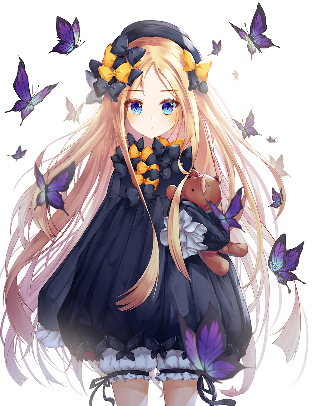 1girl abigail_williams_(fate/grand_order) bangs big_hair black_bow black_dress black_hat blonde_hair bloomers blue_eyes bow bug butterfly commentary_request dress eyebrows_visible_through_hair fate/grand_order fate_(series) hair_bow hat highres insect long_hair long_sleeves looking_at_viewer object_hug orange_bow parted_bangs parted_lips simple_background sleeves_past_fingers sleeves_past_wrists solo stuffed_animal stuffed_toy teddy_bear underwear very_long_hair white_background white_bloomers