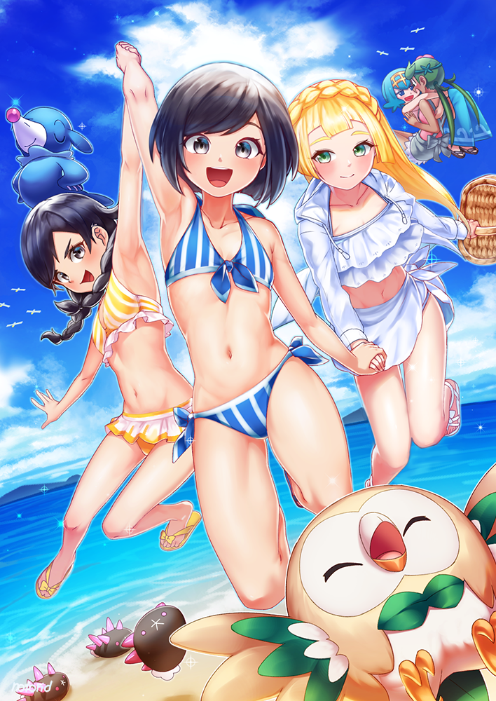 5girls arm_up armpits basket beach bikini black_eyes black_hair blonde_hair blue_eyes blue_hair blue_sky braid closed_mouth dark_skin dual_persona gen_7_pokemon green_eyes green_hair hairband hand_holding holding holding_basket hug jacket lillie_(pokemon) long_hair long_sleeves mallow_(pokemon) midriff mizuki_(pokemon) multiple_girls navel notori_d open_clothes open_jacket open_mouth pokemon pokemon_(creature) pokemon_(game) pokemon_sm pokemon_usum popplio pyukumuku rowlet sandals sarong short_hair sky smile striped striped_bikini suiren_(pokemon) swimsuit trial_captain twin_braids twintails water white_jacket white_sarong yuri