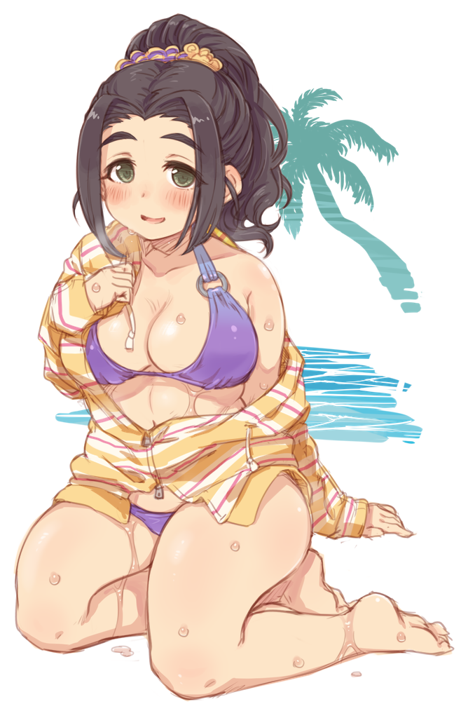 1girl 7010 barefoot bikini black_hair blush breasts cleavage collarbone commentary_request ebihara_naho green_eyes hair_ornament hair_scrunchie idolmaster idolmaster_cinderella_girls jacket large_breasts long_hair long_sleeves looking_at_viewer off_shoulder open_mouth palm_tree ponytail purple_bikini scrunchie simple_background sitting sketch smile solo swimsuit tree water wet white_background zipper_pull_tab