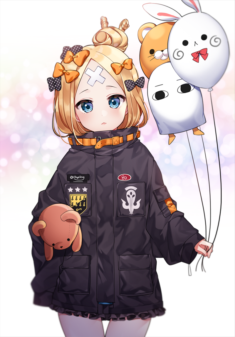 1girl abigail_williams_(fate/grand_order) balloon bangs black_bow black_dress blonde_hair blue_eyes blush bow chyoling closed_mouth commentary_request dress fate/grand_order fate_(series) fou_(fate/grand_order) hair_bow hair_bun head_tilt holding holding_balloon key long_hair long_sleeves looking_at_viewer medjed object_hug orange_bow parted_bangs polka_dot polka_dot_bow sleeves_past_fingers sleeves_past_wrists solo stuffed_animal stuffed_toy teddy_bear thigh_gap