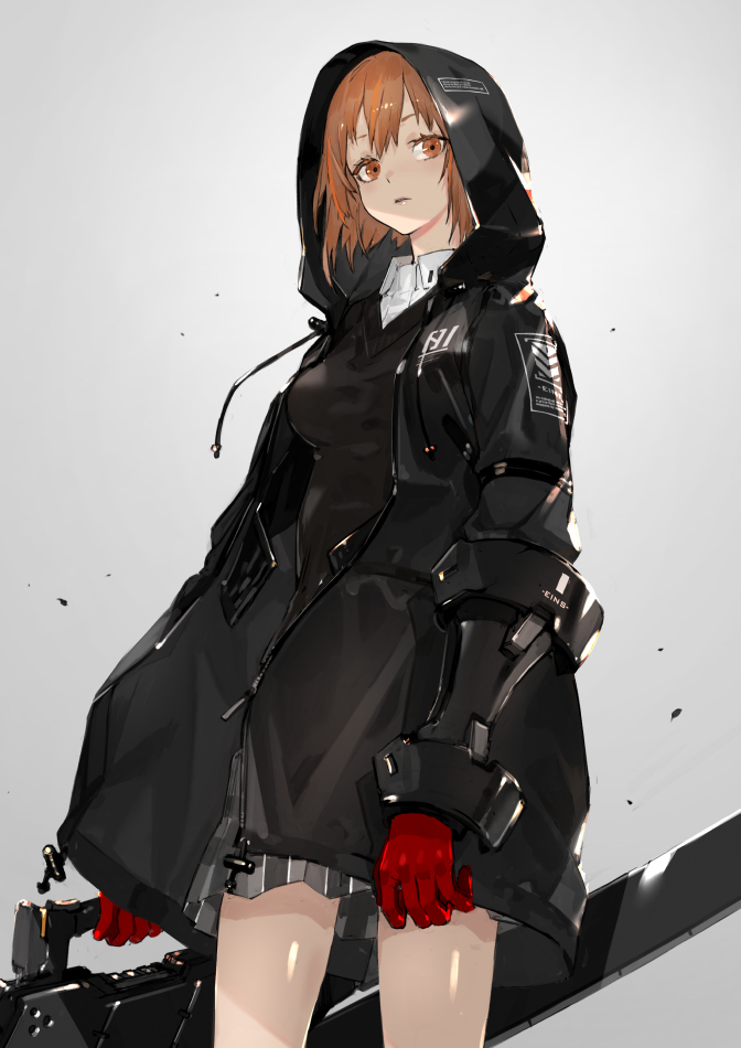 1girl black_hoodie black_skirt brown_eyes brown_hair commentary from_below gauntlets gloves grey_background highlights holding holding_weapon hood hood_up hoodie looking_at_viewer multicolored_hair neco original parted_lips red_gloves shaded_face short_hair skirt weapon wing_collar