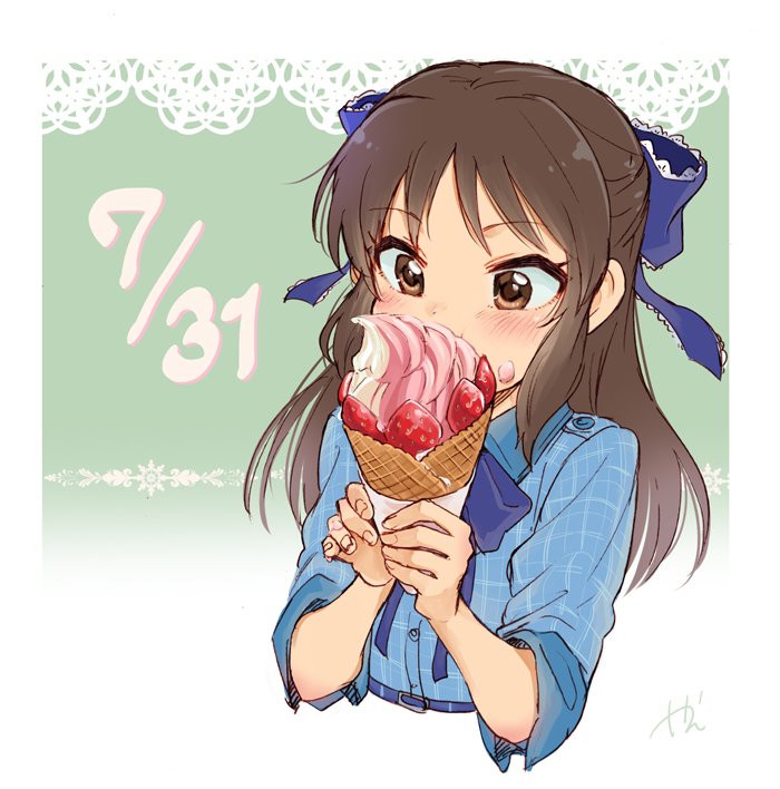 1girl birthday black_hair blue_bow blue_shirt blush bow bowtie brown_eyes commentary_request cropped_torso dated eating eyebrows_visible_through_hair food food_on_face fruit hair_bow half_updo ice_cream ice_cream_cone idolmaster idolmaster_cinderella_girls kyouno long_hair plaid plaid_shirt shirt signature sleeves_folded_up solo strawberry tachibana_arisu upper_body