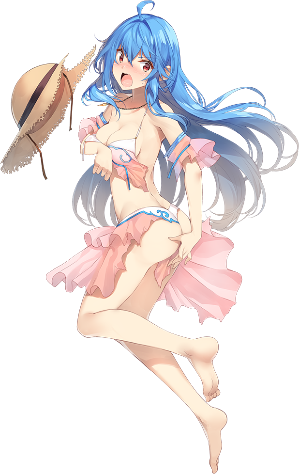 1girl :o ahoge ass bare_shoulders barefoot bikini blue_hair blush breasts cleavage full_body hat hat_removed headwear_removed koga_(oshiro_project) long_hair medium_breasts no_shoes official_art oshiro_project oshiro_project_re red_eyes solo straw_hat swimsuit torn_bikini transparent_background wavy_mouth white_bikini yappen