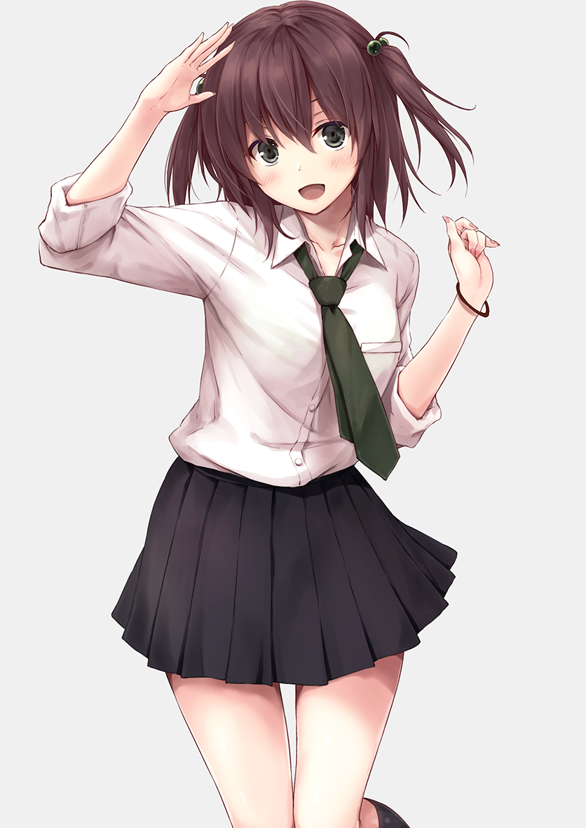 1girl :d arm_up bangs black_legwear black_skirt blush brown_hair collared_shirt commentary_request dress_shirt eyebrows_visible_through_hair fingernails green_neckwear grey_background grey_eyes hair_between_eyes hair_bobbles hair_ornament head_tilt kneehighs long_hair long_sleeves looking_at_viewer necktie open_mouth original pleated_skirt shirt simple_background skirt sleeves_folded_up smile solo suien two_side_up white_shirt