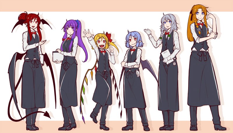 6+girls :d alternate_costume alternate_hairstyle apron arm_up bat_wings black_apron black_footwear black_pants black_vest blonde_hair blue_bow blue_eyes book bow bowtie braid clenched_hand commentary_request crossed_arms crystal demon_tail demon_wings eichi_yuu eyebrows_visible_through_hair flandre_scarlet full_body gloves gloves_removed green_bow grey_bow hair_between_eyes hair_bow hair_ornament hair_ribbon hairclip hand_up head_wings holding holding_book hong_meiling izayoi_sakuya koakuma long_hair long_sleeves looking_at_viewer multiple_girls no_hat no_headwear open_mouth orange_background orange_hair pants patchouli_knowledge pointy_ears purple_hair red_bow red_eyes red_neckwear red_ribbon redhead remilia_scarlet ribbon shadow shirt shoes short_hair short_ponytail side_ponytail sidelocks silver_hair sleeves_rolled_up smile standing tail touhou twin_braids two-tone_background vest violet_eyes waist_apron waitress white_background white_gloves white_shirt wings