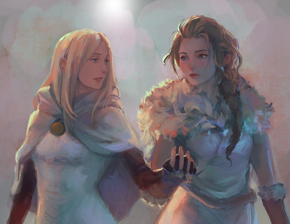 2girls blonde_hair braid brown_hair cassandra_(avocasso) dress fur_trim gloves h'aanit_(octopath_traveler) jewelry long_hair looking_at_another multiple_girls octopath_traveler ophilia_(octopath_traveler) simple_background snow