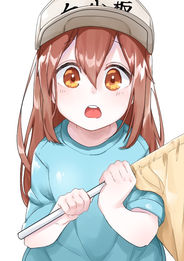 1girl aotan_(aorin114) baseball_cap brown_hair child commentary_request eyebrows_visible_through_hair flag from_above hat hataraku_saibou kindergarten_uniform long_hair looking_at_viewer open_mouth platelet_(hataraku_saibou) short_sleeves solo wide-eyed