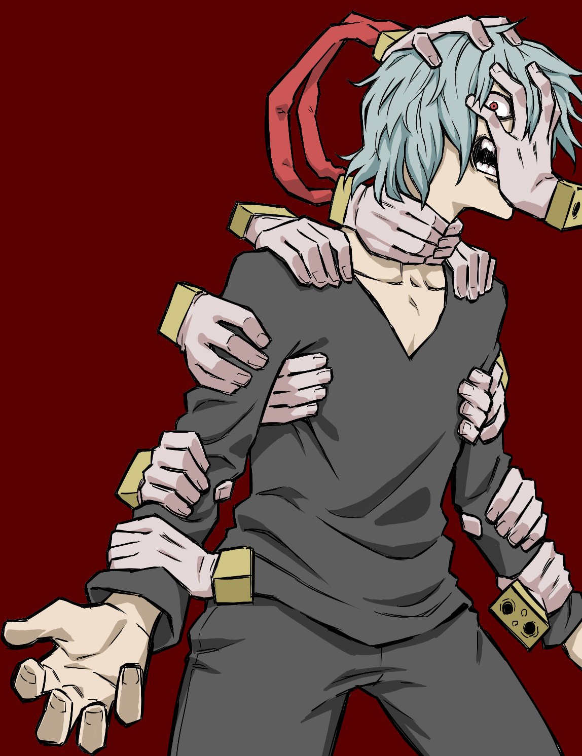 1boy boku_no_hero_academia cowboy_shot evil_grin evil_smile grey_pants grey_shirt grin highres light_blue_hair looking_at_viewer male_focus pants red_background red_eyes shigaraki_tomura shirt simple_background smile solo standing tuskryo