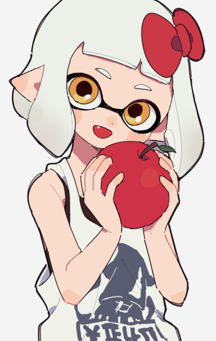 1girl apple bangs basketball_jersey blunt_bangs bow brown_eyes closed_mouth domino_mask food fruit gomi_(kaiwaresan44) grey_hair hair_bow head_tilt holding holding_food inkling inkling_(language) looking_at_viewer mask pointy_ears print_shirt red_bow shirt short_hair simple_background smile solo splatoon splatoon_2 standing symbol_commentary tentacle_hair upper_body white_background white_shirt