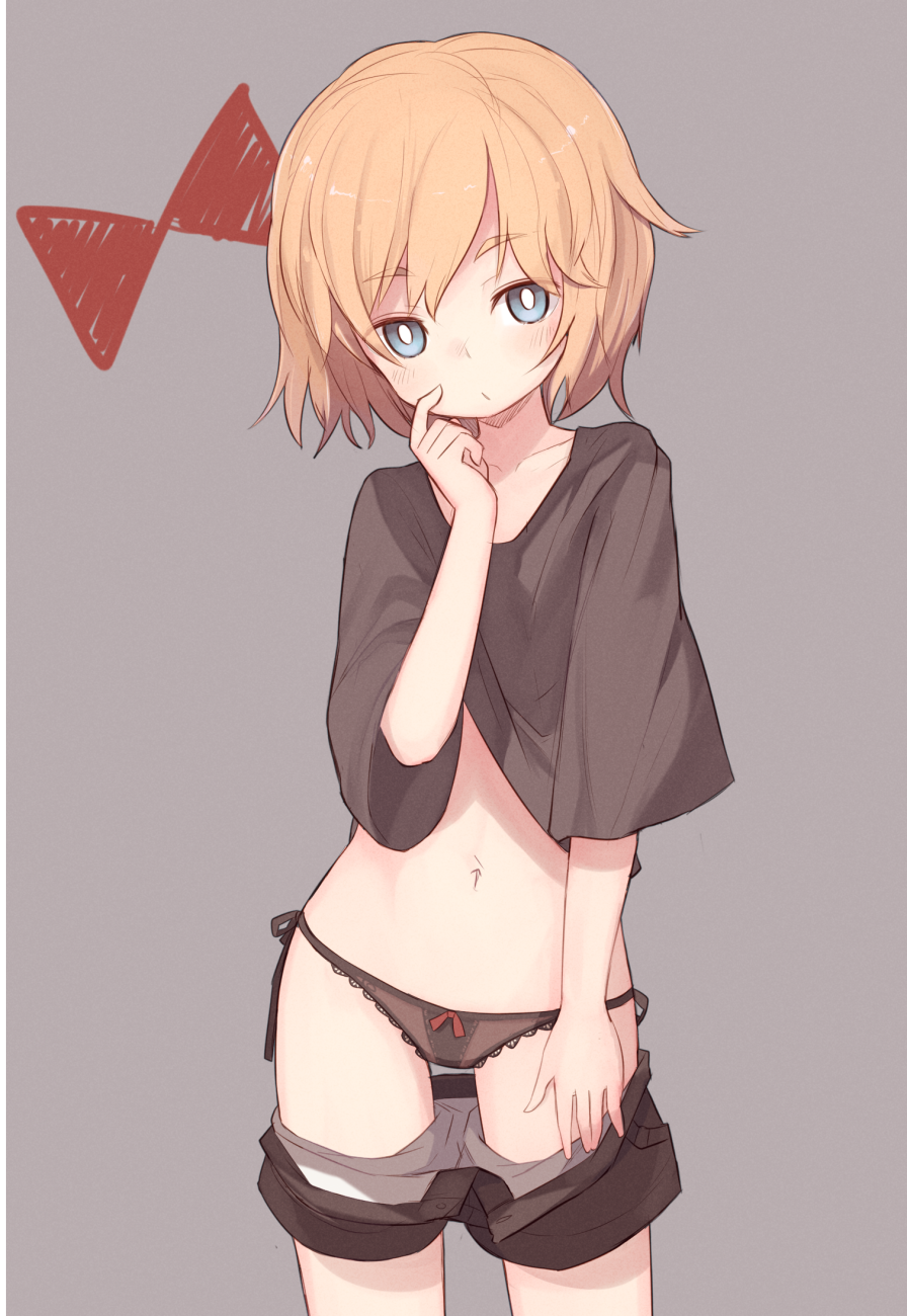 1girl ahoge bangs blonde_hair blue_eyes blush bow cookie_(touhou) eyebrows_visible_through_hair hand_on_own_cheek hand_on_thigh highres looking_at_viewer loose_clothes meguru_(cookie) miyako_(naotsugu) navel oversized_clothes oversized_shirt panties pants_down parted_lips ribbon shirt shorts solo underwear upper_body