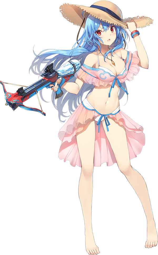 1girl barefoot bikini blue_hair bow_(weapon) breasts cleavage crossbow full_body hand_on_headwear hat holding holding_weapon jewelry koga_(oshiro_project) long_hair looking_at_viewer medium_breasts navel necklace official_art oshiro_project oshiro_project_re red_eyes solo standing straw_hat sun_hat swimsuit transparent_background weapon white_bikini wristband yappen