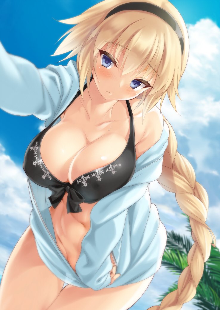 1girl bangs bare_shoulders bikini black_bikini blonde_hair blue_eyes blue_jacket blue_sky blush braid breasts cleavage collarbone eyebrows_visible_through_hair eyelashes fate/apocrypha fate/grand_order fate_(series) hairband hips hood hoodie jacket jeanne_d'arc_(fate) jeanne_d'arc_(fate)_(all) kure_masahiro large_breasts leaning_forward long_braid long_hair looking_at_viewer navel off_shoulder palm_tree self_shot sky solo swimsuit thighs tree very_long_hair waist