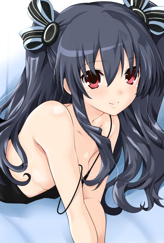 1girl bare_shoulders black_hair eyebrows_visible_through_hair hair_ornament hair_ribbon iwasi-r long_hair looking_at_viewer neptune_(series) red_eyes ribbon smile solo two_side_up uni_(choujigen_game_neptune)