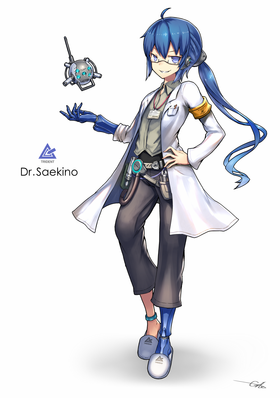 ahoge androgynous armband blue_eyes blue_hair full_body gia glasses hand_on_hip highres id_card labcoat long_hair looking_at_viewer mechanical_arm mechanical_leg original ponytail prosthesis semi-rimless_eyewear signature slippers smile solo standing tool_belt white_background