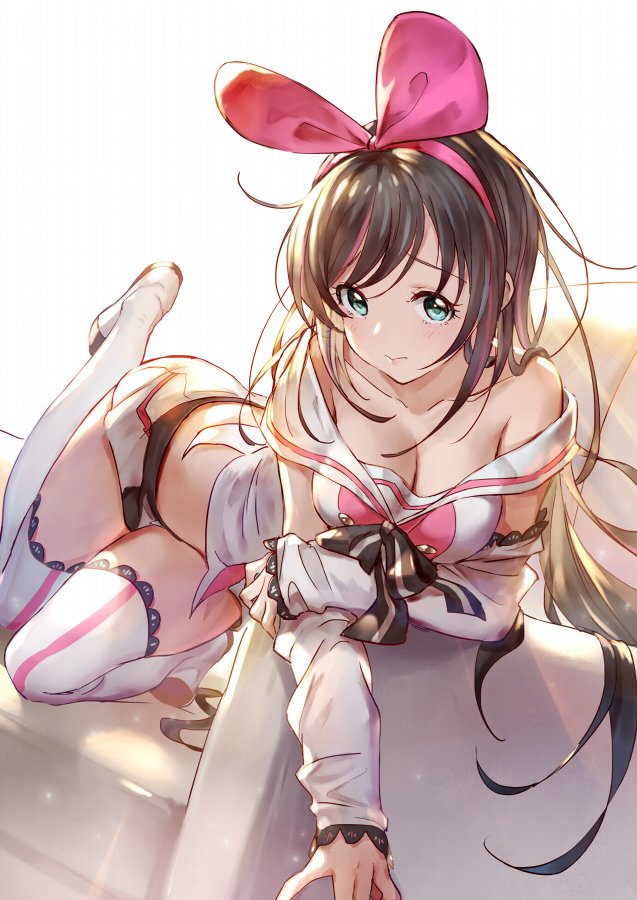 1girl 3: 77gl a.i._channel bare_shoulders blue_eyes boots bow breasts brown_hair cleavage collarbone detached_sleeves hair_bow hairband kizuna_ai long_hair looking_at_viewer medium_breasts midriff multicolored_hair off_shoulder pink_hair short_shorts shorts sidelocks sleeves_past_wrists solo streaked_hair thigh-highs thigh_boots white_legwear