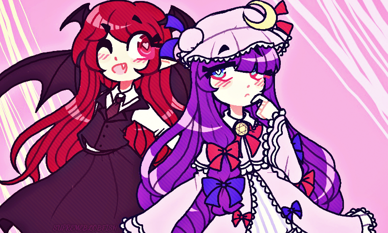 2girls bangs bat_wings black_vest blue_bow blue_eyes blue_ribbon blush bow collared_shirt cowboy_shot crescent crescent_hair_ornament demon_girl demon_wings dress dress_shirt eyebrows_visible_through_hair eyebrows_visible_through_hat frilled_dress frilled_sleeves frills hair_ornament hat head_wings heart heart-shaped_pupils hexagram koakuma layered_clothing long_hair long_sleeves mob_cap multiple_girls necktie one_eye_closed patchouli_knowledge pink_background purple_hair red_bow red_eyes red_neckwear red_ribbon redhead ribbon shirt skirt symbol-shaped_pupils thepiratedoge touhou very_long_hair vest white_shirt wide_sleeves wings