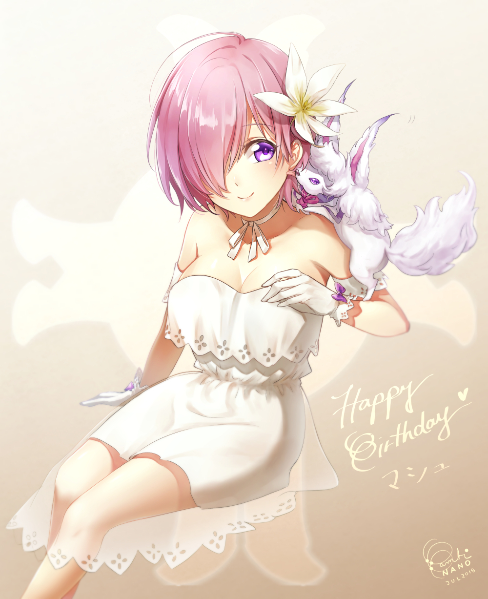 1girl 2018 animal animal_on_shoulder arm_strap arm_support artist_name bambi_nano breasts character_name choker cleavage collarbone dress fate/grand_order fate_(series) fou_(fate/grand_order) gloves hair_over_one_eye happy_birthday highres invisible_chair mash_kyrielight medium_breasts pink_hair ribbon ribbon_choker see-through short_dress short_hair sitting sleeveless sleeveless_dress smile solo strapless strapless_dress violet_eyes white_dress white_gloves white_ribbon
