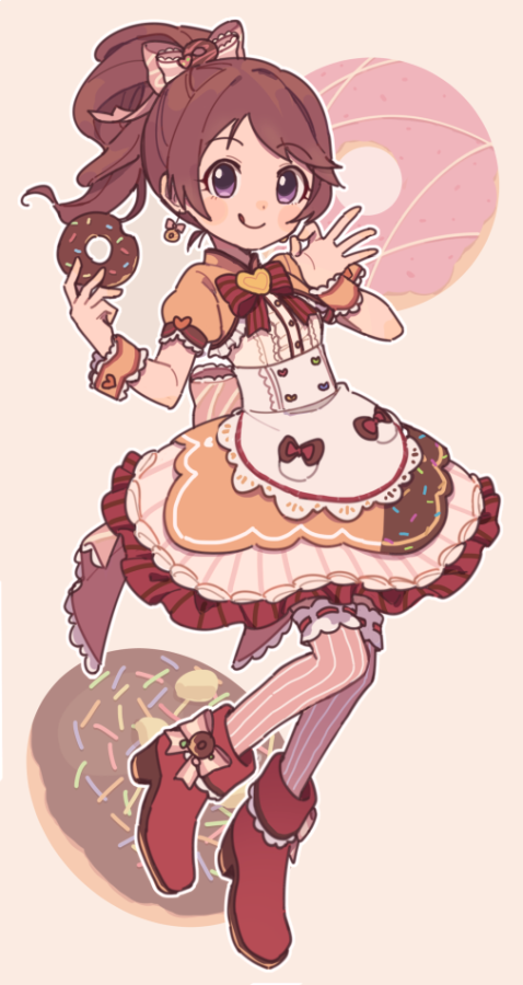 1girl :q ankle_boots blue_eyes boots bow bowtie brown_background brown_footwear brown_hair brown_legwear brown_neckwear closed_mouth commentary_request doughnut dress earrings eyebrows_visible_through_hair food frilled_dress frills full_body garters gomi_(kaiwaresan44) hair_bow hair_ornament holding holding_food idolmaster idolmaster_cinderella_girls jewelry lace-trimmed_sleeves layered_dress long_hair looking_at_viewer medium_dress ok_sign pink_bow ponytail puffy_short_sleeves puffy_sleeves shiina_noriko short_ponytail short_sleeves smile solo standing standing_on_one_leg striped striped_legwear thigh-highs tongue tongue_out vertical-striped_legwear vertical_stripes wrist_cuffs yellow_dress