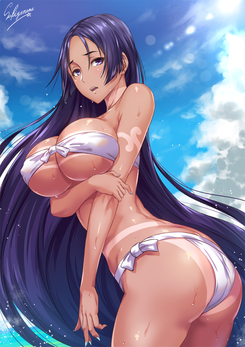 1girl artist_name ass back bangs bare_shoulders bikini blue_nails blue_sky blush breast_hold breasts clouds collarbone day embarrassed erect_nipples fate/grand_order fate_(series) hips large_breasts long_hair looking_at_viewer looking_to_the_side minamoto_no_raikou_(fate/grand_order) minamoto_no_raikou_(swimsuit_lancer)_(fate) nail_polish open_mouth outdoors parted_bangs purple_hair sakiyamama side-tie_bikini signature sky smile solo standing swimsuit tan tanline thighs very_long_hair violet_eyes waist wet white_bikini