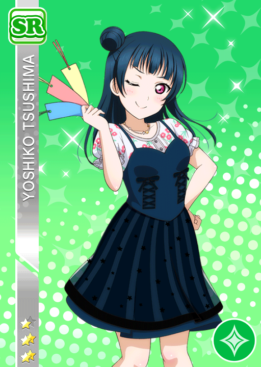 blue_hair blush character_name dress long_hair love_live!_school_idol_festival love_live!_sunshine!! pink_eyes smile tsushima_yoshiko wink