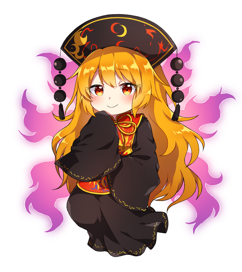 1girl aura black_dress blonde_hair blush caramell0501 chibi commentary_request dress eyebrows_visible_through_hair full_body hand_up headdress junko_(touhou) long_dress long_hair long_sleeves looking_at_viewer neck_ribbon red_eyes ribbon simple_background sleeves_past_fingers sleeves_past_wrists smile solo tabard tassel touhou very_long_hair white_background wide_sleeves yellow_neckwear yellow_ribbon