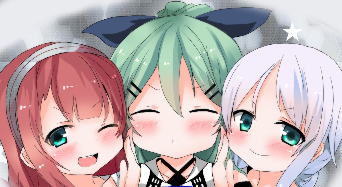 3girls black_bow blush bow closed_eyes eyebrows_visible_through_hair green_hair hair_bow kantai_collection kawakaze_(kantai_collection) long_hair looking_at_viewer multiple_girls one_eye_closed open_mouth oshiruko_(uminekotei) redhead school_uniform smile star umikaze_(kantai_collection) white_hair yamakaze_(kantai_collection)