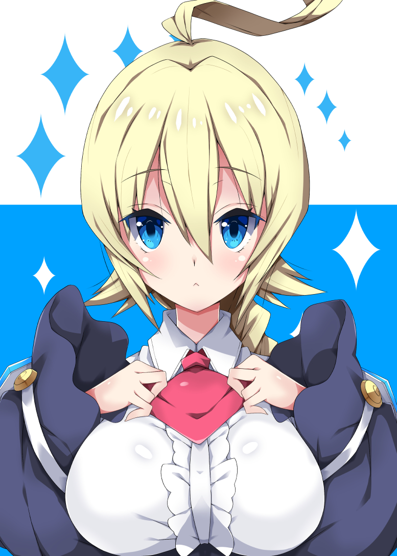 1girl :&lt; ahoge bangs blazblue blonde_hair blue_background blue_eyes blue_jacket blush braid breasts center_frills closed_mouth collared_shirt commentary es_(xblaze) eyebrows_visible_through_hair frills hair_between_eyes huge_ahoge jacket large_breasts long_hair long_sleeves looking_at_viewer milkpanda red_neckwear shirt sidelocks single_braid solo sparkle two-tone_background white_background white_shirt wide_sleeves xblaze