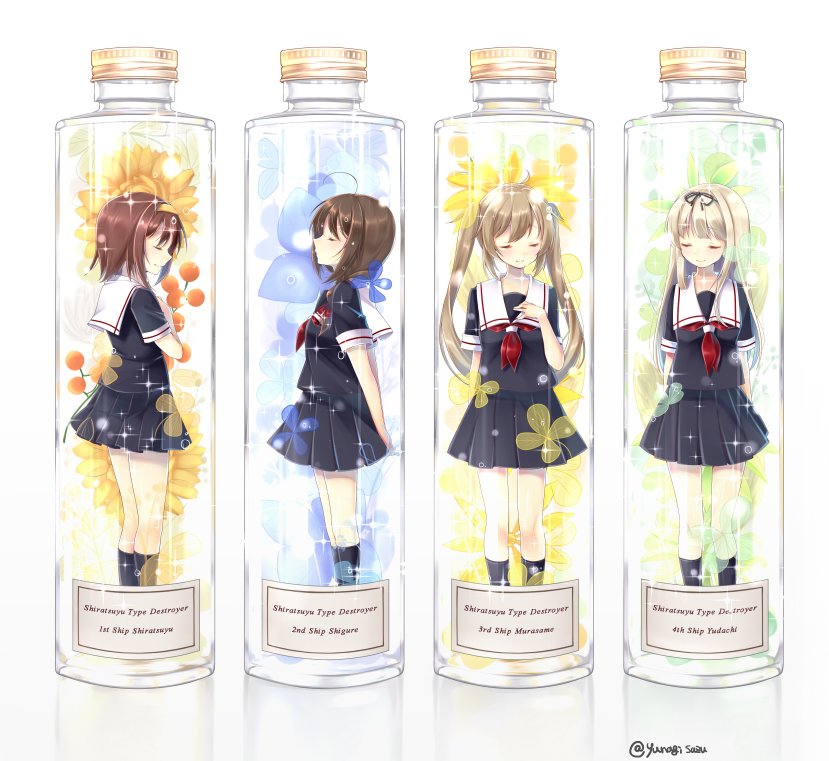 4girls ahoge arms_behind_back black_legwear black_serafuku blonde_hair bottle braid breasts brown_hair character_name closed_eyes closed_mouth commentary_request eyebrows_visible_through_hair flower full_body hair_over_shoulder hair_ribbon hairband in_bottle in_container inside joujou kantai_collection kneehighs light_brown_hair lineup long_hair multiple_girls murasame_(kantai_collection) name_tag pleated_skirt red_neckwear ribbon school_uniform serafuku shigure_(kantai_collection) shiratsuyu_(kantai_collection) short_hair skirt small_breasts smile sparkle twintails twitter_username yuudachi_(kantai_collection)
