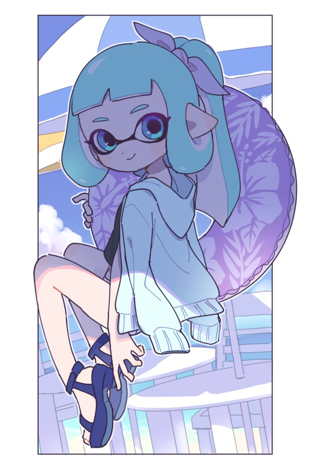 1girl aqua_eyes aqua_hair bangs beach_umbrella blue_ribbon blunt_bangs closed_mouth day domino_mask gomi_(kaiwaresan44) hair_ribbon hood hoodie inkling innertube jacket jacket_on_shoulders long_hair looking_at_viewer looking_back mask outdoors pointy_ears ponytail ribbon sandals shade sitting smile solo splatoon splatoon_2 table tentacle_hair umbrella white_jacket