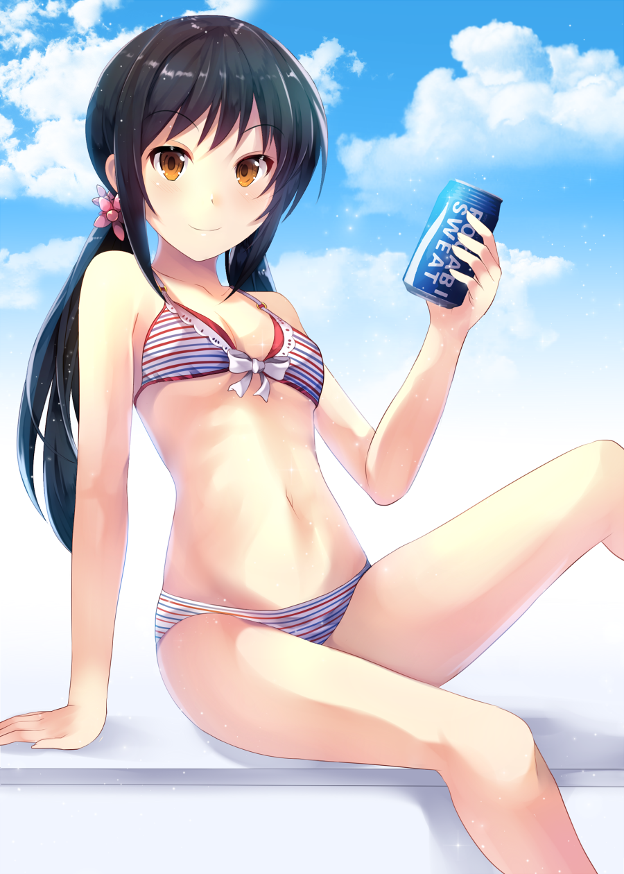 1girl bikini black_hair blue_sky brown_eyes can clouds feet_out_of_frame highres idolmaster idolmaster_cinderella_girls idolmaster_cinderella_girls_starlight_stage long_hair looking_at_viewer low_twintails nakano_yuka pocari_sweat sitting sky smile soda_can solo striped striped_bikini swimsuit twintails z.nov