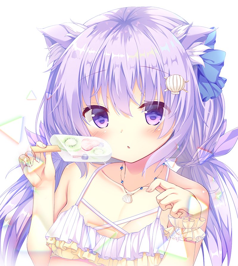 1girl animal_ears blue_bow bow breasts cleavage food frills hair_bow hair_ornament holding holding_food kinokomushi long_hair looking_at_viewer original popsicle purple_hair raised_eyebrows simple_background small_breasts solo twintails upper_body violet_eyes white_background white_bikini_top wrist_cuffs