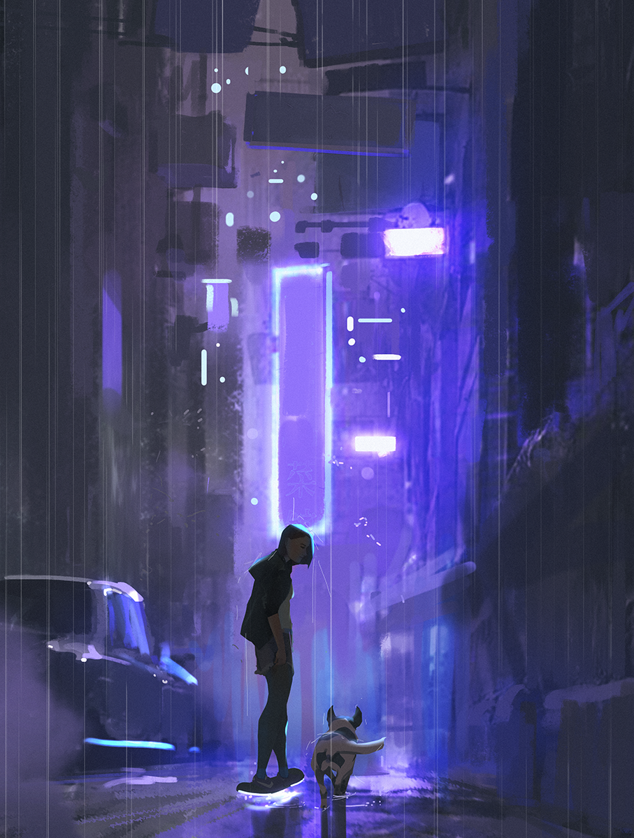 1girl alley black_legwear car city city_lights cutoffs dark dog ground_vehicle highres hood hoodie motor_vehicle night original pantyhose rain road scenery short_hair sketch snatti solo street walking