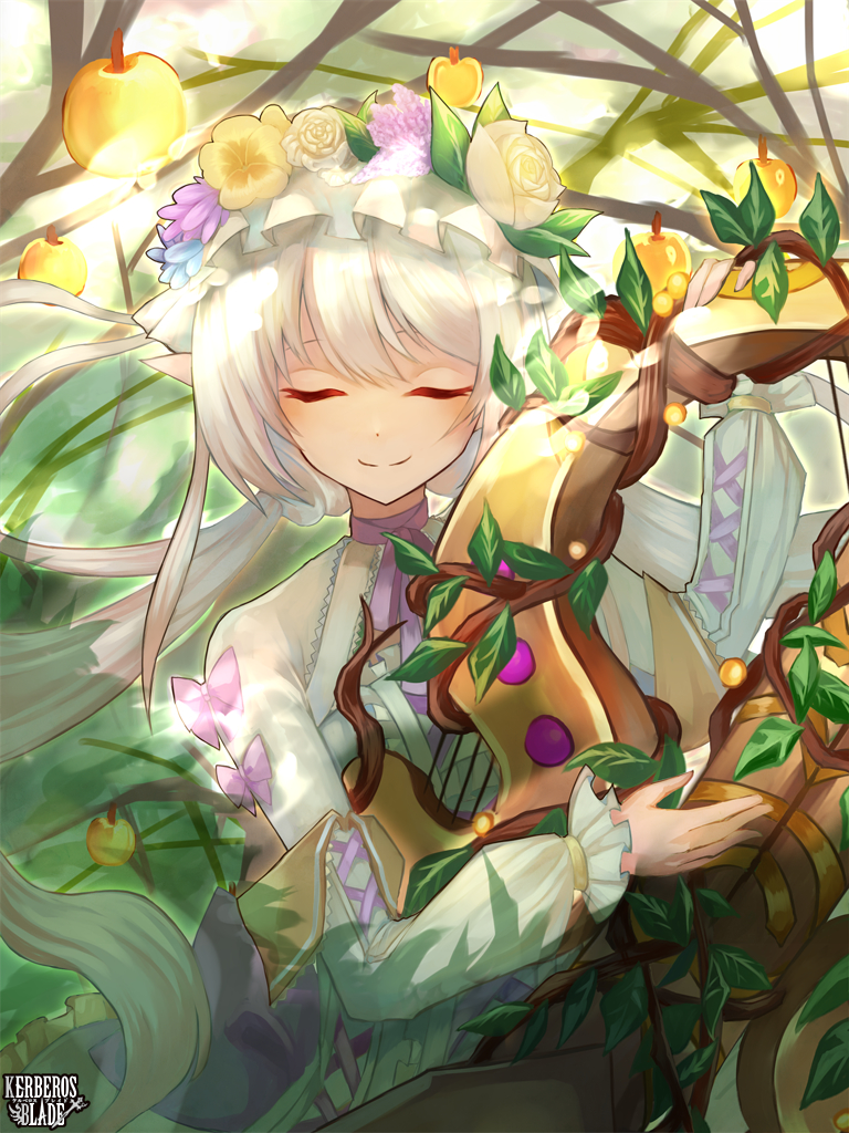 1girl apple closed_eyes copyright_name facing_viewer flower food fruit hair_flower hair_ornament holding holding_instrument instrument kerberos_blade long_hair long_sleeves official_art plant pointy_ears smile solo tengu_style twintails upper_body very_long_hair white_hair