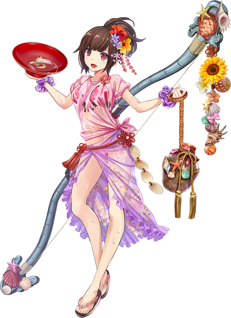 1girl alcohol artist_request bikini bow_(weapon) brown_hair cup eyebrows_visible_through_hair flower full_body hair_flower hair_ornament hibiscus holding holding_bow_(weapon) holding_cup holding_weapon official_art oshiro_project oshiro_project_re ponytail red_bikini sakazuki sake sandals scrunchie shell shirt solo starfish sunflower swimsuit tied_shirt transparent_background violet_eyes weapon wet wet_clothes wet_shirt yanaginogosho_(oshiro_project)