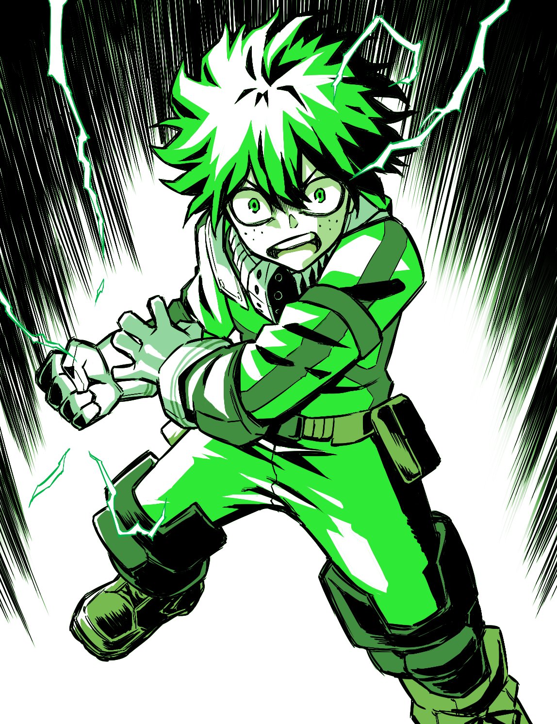 1boy boku_no_hero_academia clenched_hand freckles gloves green_eyes highres knee_pads looking_at_viewer looking_up male_focus midoriya_izuku open_mouth solo speed_lines standing tuskryo upper_teeth