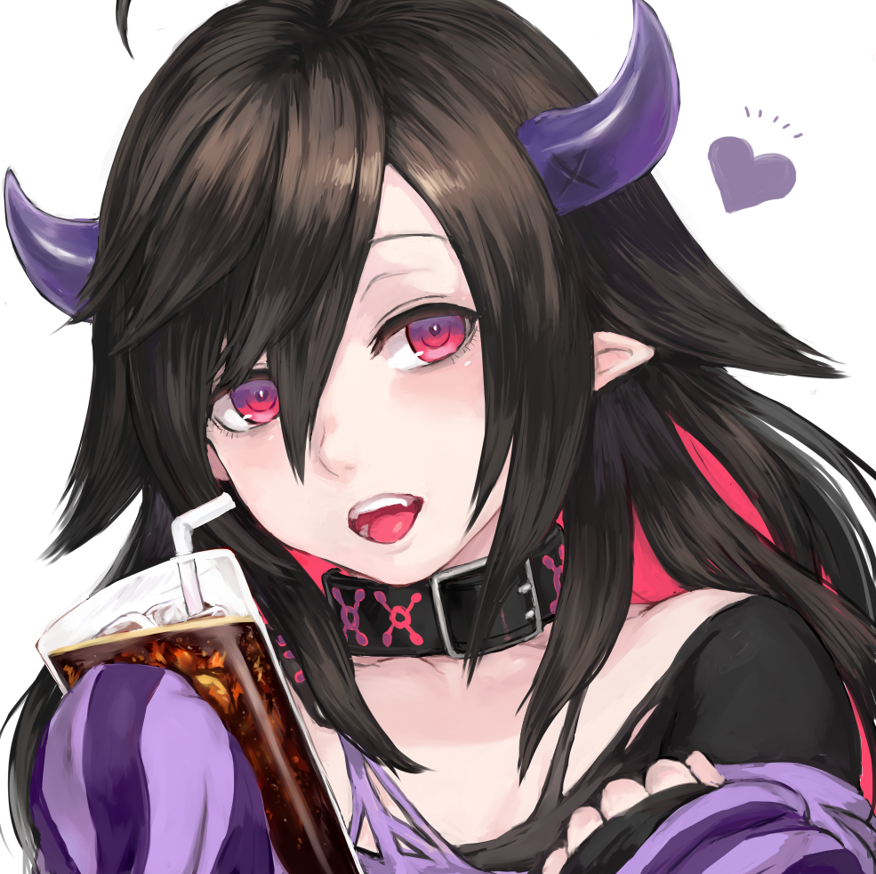 1girl :d ahoge bangs belt_buckle belt_collar black_collar black_hair black_shirt bubble buckle coke collarbone commentary cup demon_girl demon_horns drinking_glass drinking_straw fang hair_between_eyes hair_flaps hand_up head_tilt heart holding holding_drinking_glass horns ice long_hair looking_at_viewer multicolored_hair nijisanji open_mouth pale_skin parted_bangs pointy_ears portrait purple_shirt red_eyes redhead ringed_eyes shirt shu-mai simple_background sleeves_past_fingers sleeves_past_wrists smile solo striped striped_shirt torn_clothes torn_shirt two-tone_hair virtual_youtuber white_background yamiyono_moruru