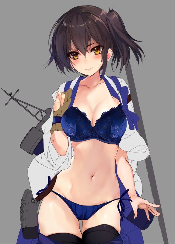 1girl black_legwear blue_bra blue_legwear blue_panties blush bra breasts brown_eyes brown_hair cleavage cowboy_shot gloves grey_background groin kaga_(kantai_collection) kantai_collection large_breasts navel panties partially_undressed partly_fingerless_gloves rigging shirokitsune short_hair side-tie_panties side_ponytail skindentation smile solo thigh-highs thigh_gap thighs underwear yugake