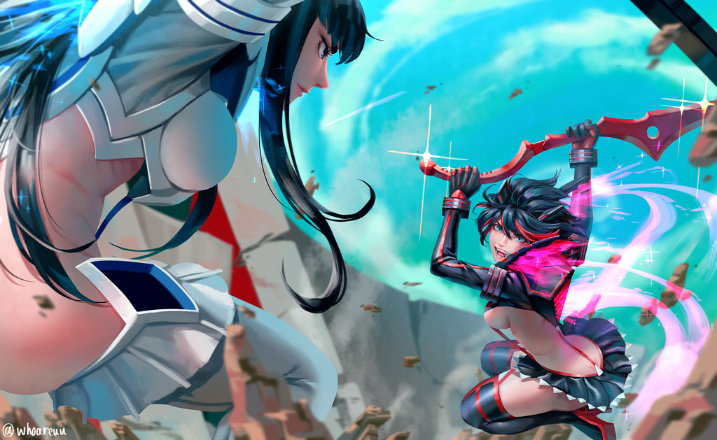 2girls black_hair blue_eyes blue_sky boots breasts debris eyebrows fighting fighting_stance gloves high_heels highlights holding holding_weapon kill_la_kill kiryuuin_satsuki long_hair looking_at_another matoi_ryuuko microskirt midriff multicolored_hair multiple_girls navel open_mouth outdoors pleated_skirt revealing_clothes rock scissor_blade short_hair sideboob skirt sky stomach streaked_hair suspenders sword thigh-highs thigh_boots thighs two-tone_hair weapon white_legwear whoareuu