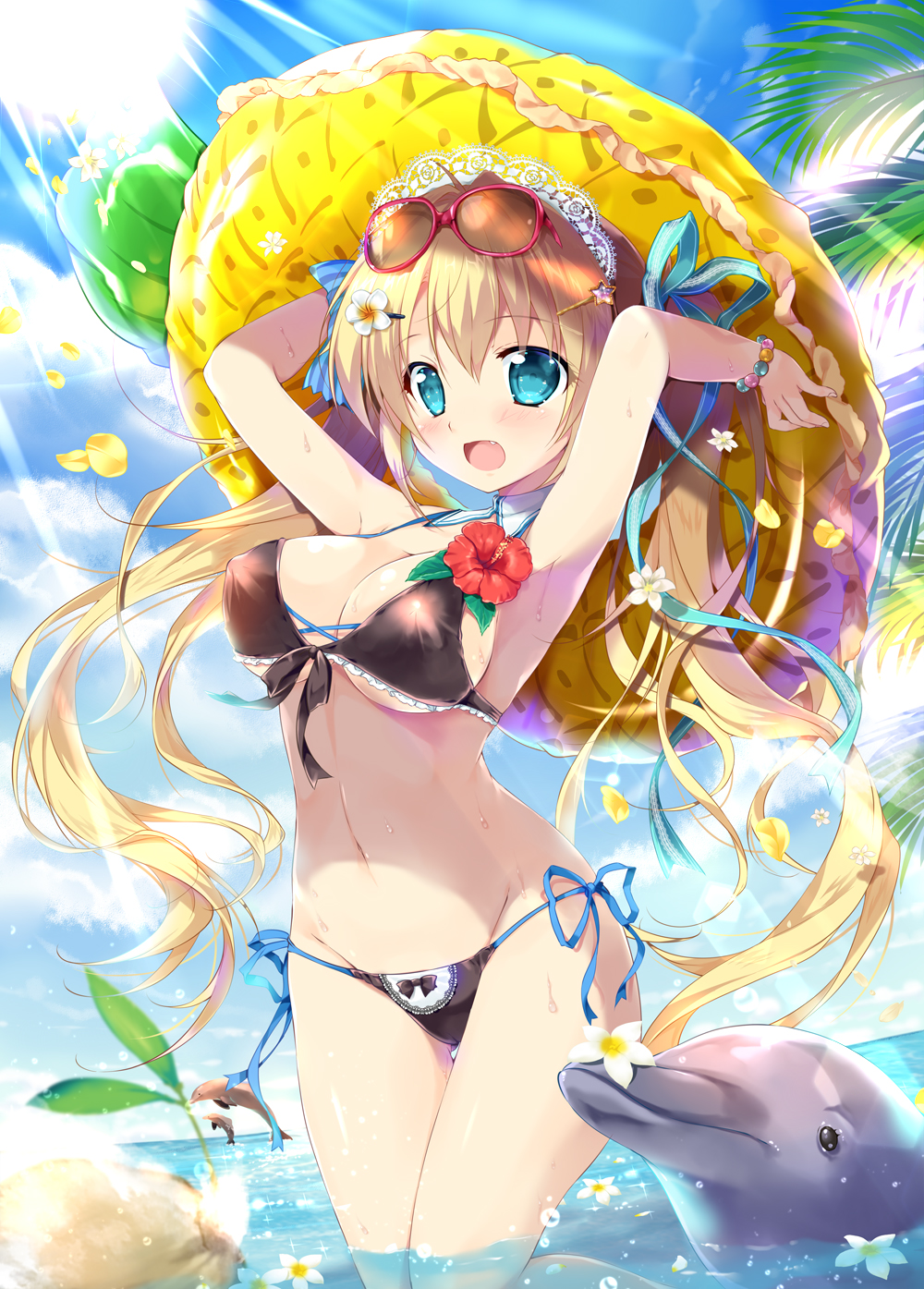 1girl :d animal arms_up bangs bead_bracelet beads bikini black_bikini blonde_hair blue_bow blue_eyes blue_ribbon blue_sky blush bow bow_bikini bracelet clouds commentary_request day dolphin eyebrows_visible_through_hair eyewear_on_head fang flower front-tie_bikini front-tie_top groin hair_between_eyes hair_bow hair_flower hair_ornament hair_ribbon hairclip highres horizon innertube jewelry long_hair mikeou ocean open_mouth original outdoors palm_tree red-framed_eyewear ribbon side-tie_bikini sidelocks sky smile solo star star_hair_ornament striped striped_bow sun sunglasses sunlight swimsuit tree twintails very_long_hair water white_flower yellow_innertube