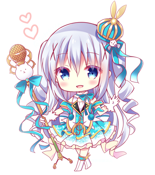 1girl :d bangs bitter_crown blue_eyes blue_hair blue_skirt blush boots chibi commentary_request crown daydream_show eyebrows_visible_through_hair full_body gloves gochuumon_wa_usagi_desu_ka? hair_between_eyes hair_ornament hand_up heart holding holding_microphone_stand idol kafuu_chino knee_boots long_hair microphone microphone_stand mini_crown open_mouth pleated_skirt print_skirt ringlets shirt simple_background skirt smile snowflake_print solo standing tippy_(gochiusa) two_side_up very_long_hair white_background white_footwear white_gloves white_shirt x_hair_ornament