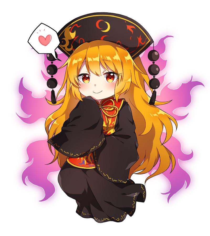 1girl aura black_dress blonde_hair blush caramell0501 chibi commentary_request dress eyebrows_visible_through_hair full_body hand_up headdress heart junko_(touhou) long_dress long_hair long_sleeves looking_at_viewer neck_ribbon red_eyes ribbon simple_background sleeves_past_fingers sleeves_past_wrists smile solo spoken_heart tabard tassel touhou very_long_hair white_background wide_sleeves yellow_neckwear yellow_ribbon