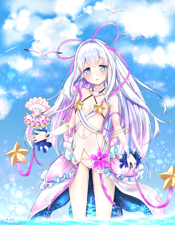 1girl :o bangs bird blue_eyes bracelet breasts clam_shell clouds cloudy_sky erect_nipples hair_between_eyes jewelry long_hair mana_(shironeko_project) navel open_mouth pearl pink_ribbon ribbon seagull shironeko_project silver_hair sky small_breasts solo stomach water