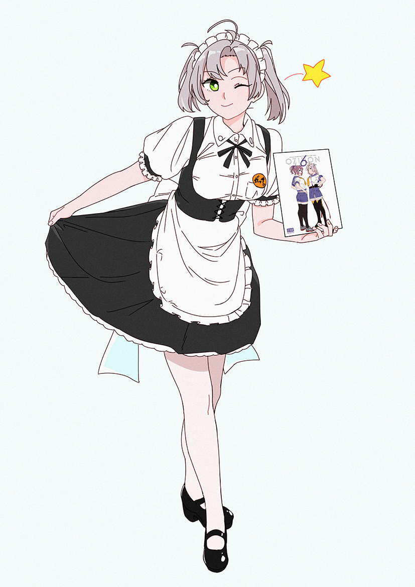 1girl alternate_costume antenna_hair apron black_dress dress dress_lift enmaided frilled_apron frills full_body green_eyes grey_background grey_hair hair_tie kantai_collection kinugasa_(kantai_collection) leaning_forward legs_crossed lifted_by_self looking_at_viewer maid maid_headdress manga_(object) meta name_tag ojipon one_eye_closed short_twintails simple_background solo tsurime twintails waitress white_apron