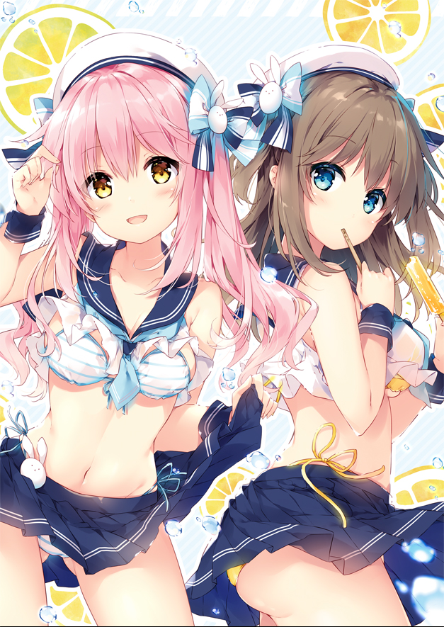 2girls :d arm_up bangs bare_shoulders beret bikini blue_bow blue_eyes blue_neckwear blue_sailor_collar blue_skirt blush bow breasts brown_eyes brown_hair bunny_hair_ornament closed_mouth collarbone commentary_request crop_top eyebrows_visible_through_hair food gluteal_fold hair_between_eyes hair_bow hair_ornament hat head_tilt holding holding_food long_hair looking_at_viewer looking_to_the_side medium_breasts mochizuki_shiina multiple_girls navel necktie open_mouth original pink_hair pleated_skirt popsicle sailor_collar school_uniform serafuku shirt short_necktie side-tie_bikini skirt sleeveless sleeveless_shirt smile striped striped_bikini striped_bow swimsuit very_long_hair white_hat white_shirt wrist_cuffs yellow_bikini