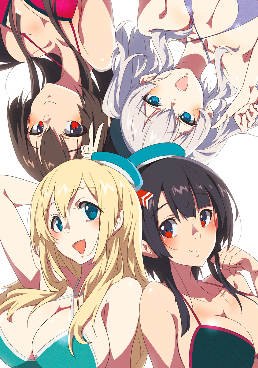 4girls atago_(kantai_collection) bangs beret black_hair blonde_hair blue_eyes blush breasts brown_eyes brown_hair cleavage closed_mouth collarbone eyebrows_visible_through_hair flower green_eyes hair_flower hair_ornament hand_behind_head hand_up hat highres kantai_collection kashima_(kantai_collection) large_breasts long_hair looking_at_viewer meriken0111 multiple_girls open_mouth ponytail red_eyes short_hair sidelocks silver_hair simple_background smile swimsuit takao_(kantai_collection) twintails v very_long_hair wavy_hair white_background yamato_(kantai_collection)